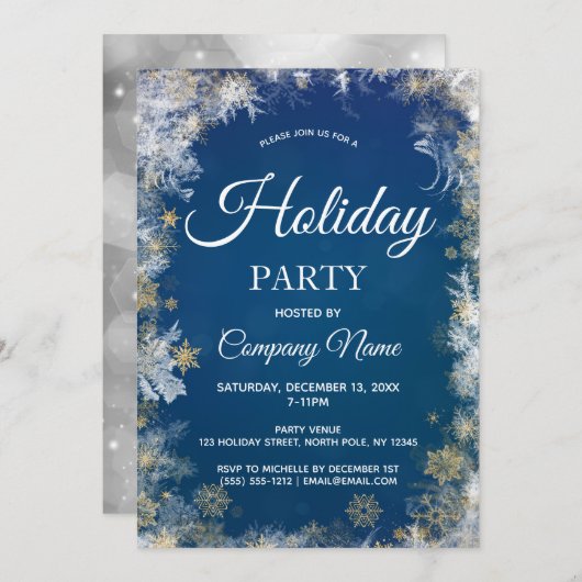 Blue Silver Snowflake Corporate Holiday Party Kaart (Voorkant / Achterkant)