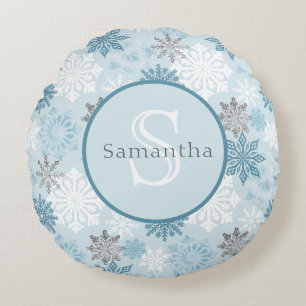 Blue & Silver Snowflake, gepersonaliseerd monogram Rond Kussen