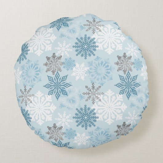 Blue & Silver Snowflake, gepersonaliseerd monogram Rond Kussen (Achterkant)