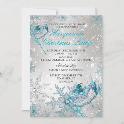 Blue Silver Snowflake Masquerade kerstparty Kaart (Voorkant)