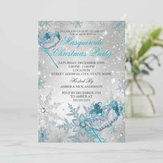 Blue Silver Snowflake Masquerade kerstparty Kaart (Staand voorkant)