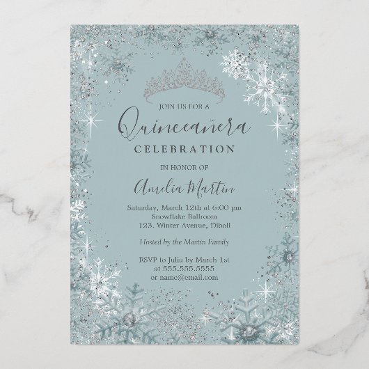 Blue Silver Snowflake Photo Quinceanera Folie Uitnodiging (Achterkant)