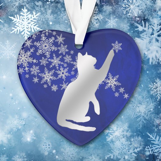 Blue Silver Snowflake Playful Cat Ornament