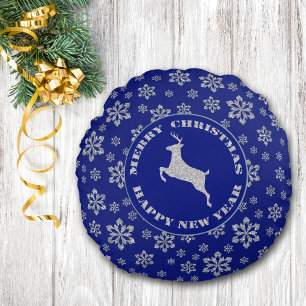 Blue Silver Snowflake Reindeer Rond Kussen