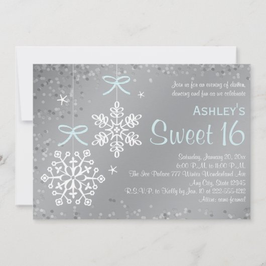 Blue Silver Snowflake Sweet Sixteen-uitnodigingen Kaart (Voorkant)