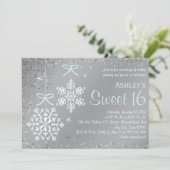 Blue Silver Snowflake Sweet Sixteen-uitnodigingen Kaart (Staand voorkant)