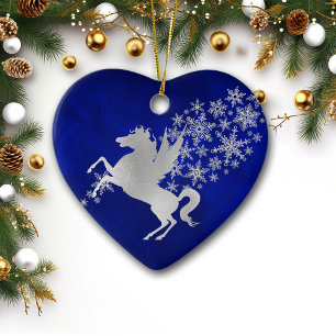 Blue Silver Snowflake Unicorn, gepersonaliseerd Keramisch Ornament