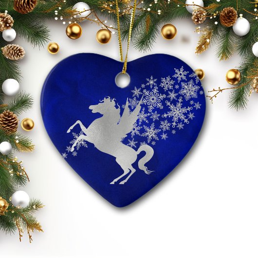 Blue Silver Snowflake Unicorn, gepersonaliseerd Keramisch Ornament