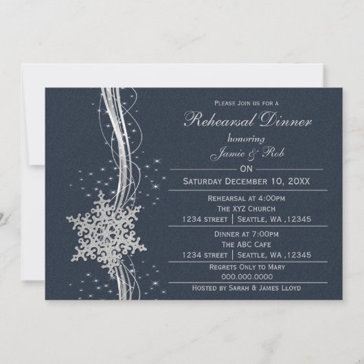 blue Silver Snowflake Wedding Rehearsal Invites Kaart (Voorkant)