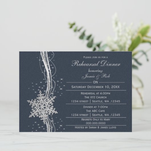 blue Silver Snowflake Wedding Rehearsal Invites Kaart (Staand voorkant)