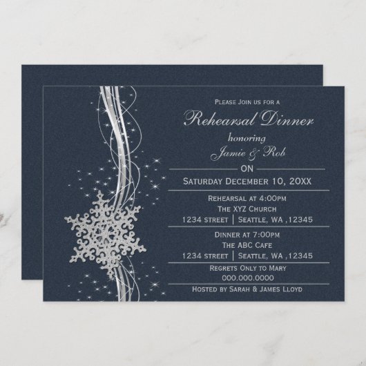 blue Silver Snowflake Wedding Rehearsal Invites Kaart (Voorkant / Achterkant)