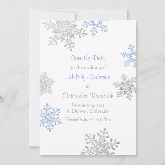 Blue Silver Snowflake Winter Wedding Save the Date (Voorkant)