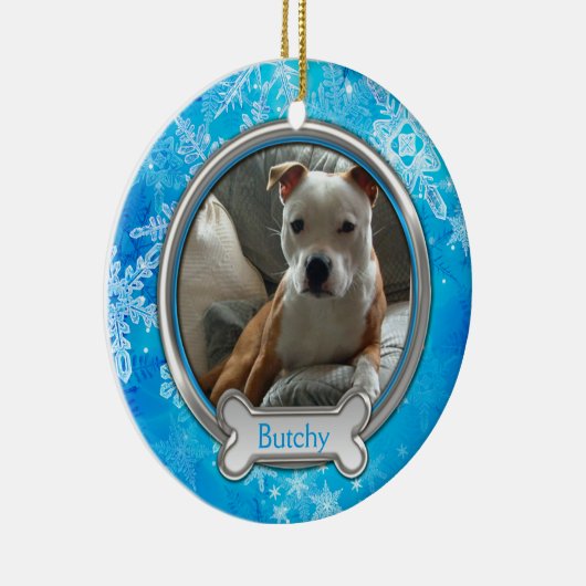 Blue Silver Snowflakes Fotokerstversiering Keramisch Ornament (Rechts)