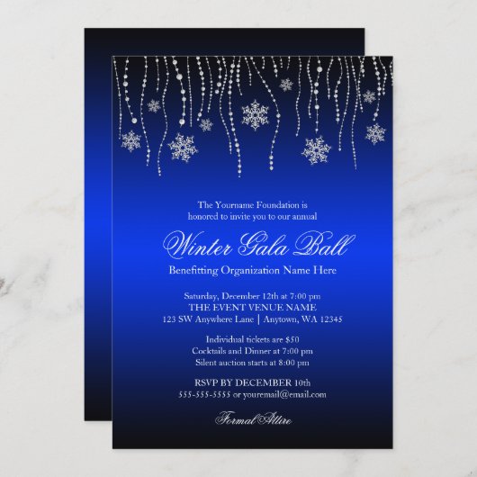Blue Silver Snowflakes Gala Ball-uitnodigingen Kaart (Voorkant / Achterkant)