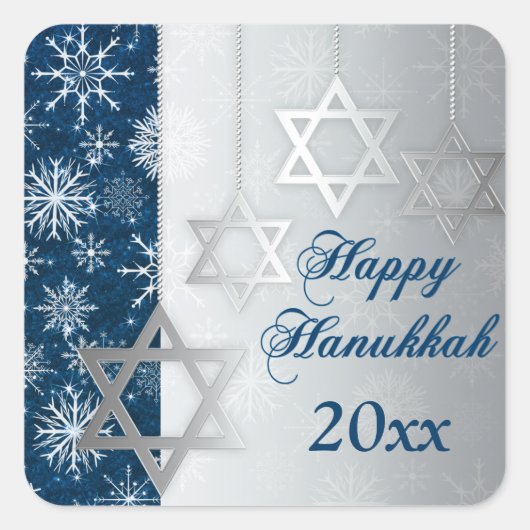 Blue, Silver Snowflakes Happy Hanukkah Sticker (Voorkant)