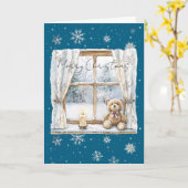 Blue Silver Snowflakes Window Teddy Bear Christmas Kaart (Gele Bloem)