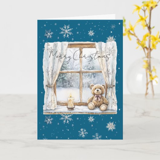 Blue Silver Snowflakes Window Teddy Bear Christmas Kaart (Gele Bloem)