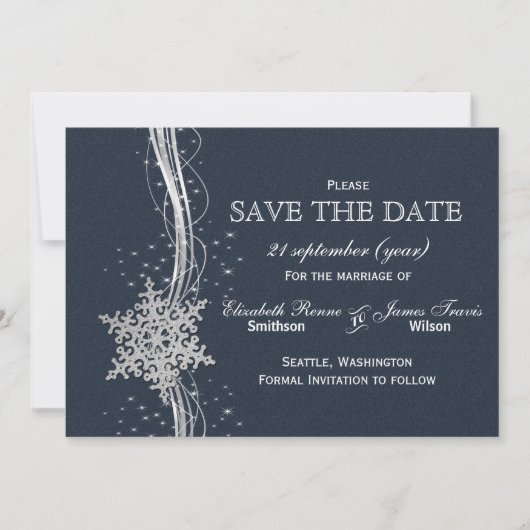 Blue Silver Snowflakes Winter behalve de datum Save The Date (Voorkant)