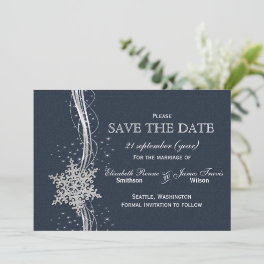 Blue Silver Snowflakes Winter behalve de datum Save The Date (Staand voorkant)
