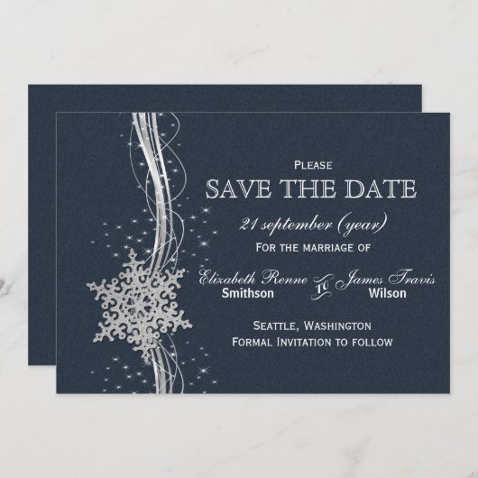 Blue Silver Snowflakes Winter behalve de datum Save The Date (Voorkant / Achterkant)