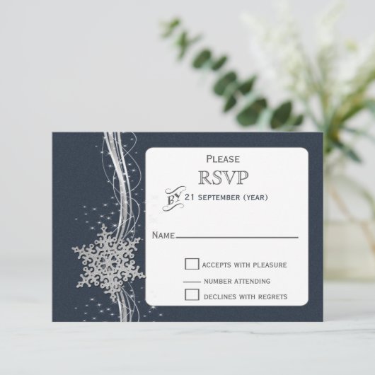 Blue Silver Snowflakes Winter bruiloft RSVP (Staand voorkant)