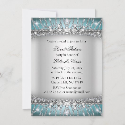 Blue & Silver Sparkle Diamond Sweet 16 Invite Kaart (Achterkant)