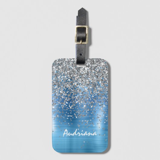 Blue Silver Sparkle Glitter gepersonaliseerd Bagagelabel (Voorkant (verticaal))