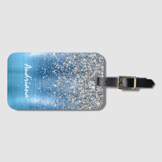 Blue Silver Sparkle Glitter gepersonaliseerd Bagagelabel (Voorkant (horizontaal))