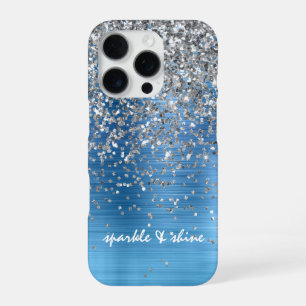 Blue Silver Sparkle Glitter gepersonaliseerd iPhone 16 Pro Hoesje