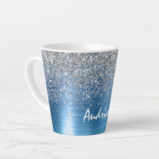 Blue Silver Sparkle Glitter gepersonaliseerd Latte Mok (Linkerhoek)