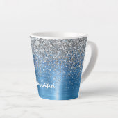 Blue Silver Sparkle Glitter gepersonaliseerd Latte Mok (Rechterhoek)