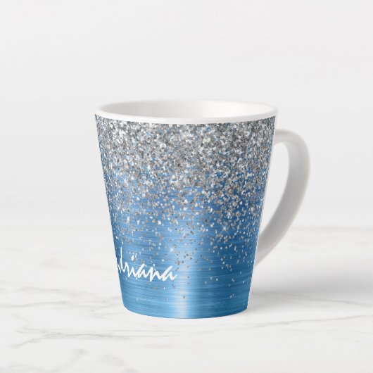 Blue Silver Sparkle Glitter gepersonaliseerd Latte Mok (Rechterhoek)