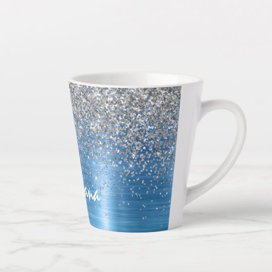 Blue Silver Sparkle Glitter gepersonaliseerd Latte Mok (Rechts)