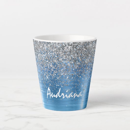 Blue Silver Sparkle Glitter gepersonaliseerd Latte Mok (Voorkant)