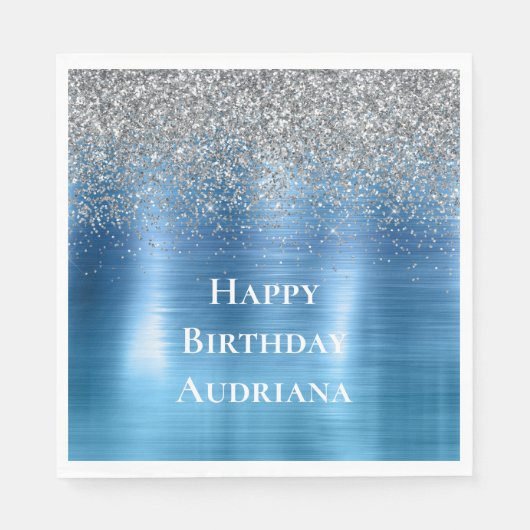 Blue Silver Sparkle Glitter gepersonaliseerd Servet (Voorkant)