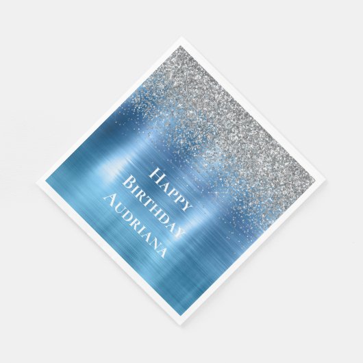 Blue Silver Sparkle Glitter gepersonaliseerd Servet (Hoek)