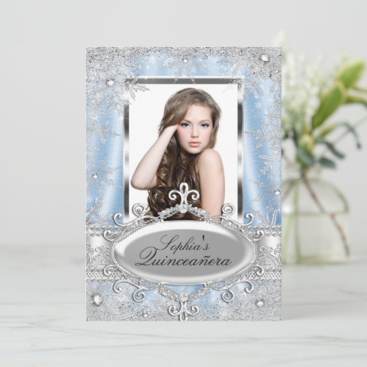 Blue Silver Sparkle Jewel Snowflake Quinceanera Kaart (Staand voorkant)