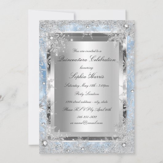 Blue Silver Sparkle Jewel Snowflake Quinceanera Kaart (Achterkant)