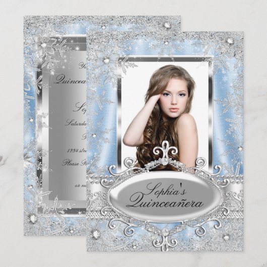 Blue Silver Sparkle Jewel Snowflake Quinceanera Kaart (Voorkant / Achterkant)