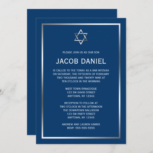 Blue Silver Star van David Bar Mitzvah-uitnodiging Kaart (Voorkant / Achterkant)