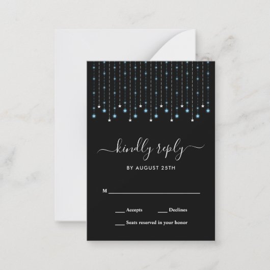 Blue Silver Stars String Lights Wedding RSVP Notitiekaartje (Voorkant)