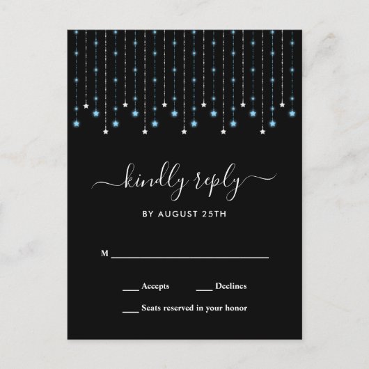 Blue Silver Stars String Lights Wedding RSVP Uitnodiging Briefkaart (Voorkant)