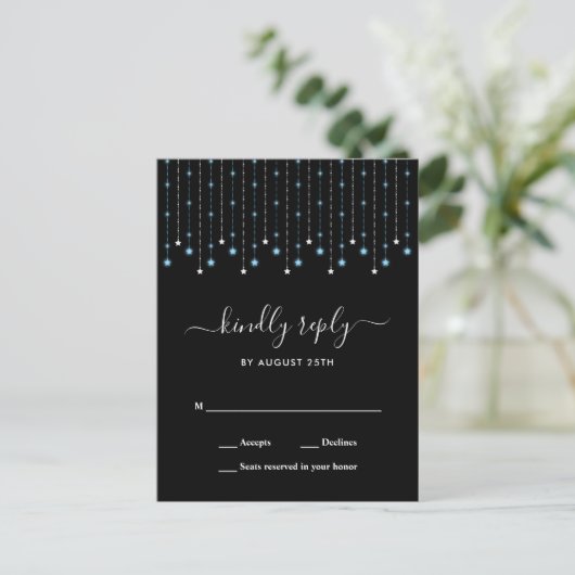Blue Silver Stars String Lights Wedding RSVP Uitnodiging Briefkaart (Staand voorkant)