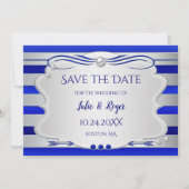 Blue Silver Striped Photo Save the Date Kaart (Voorkant)