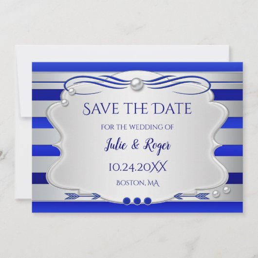 Blue Silver Striped Photo Save the Date Kaart (Voorkant)