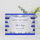 Blue Silver Striped Photo Save the Date Kaart (Staand voorkant)