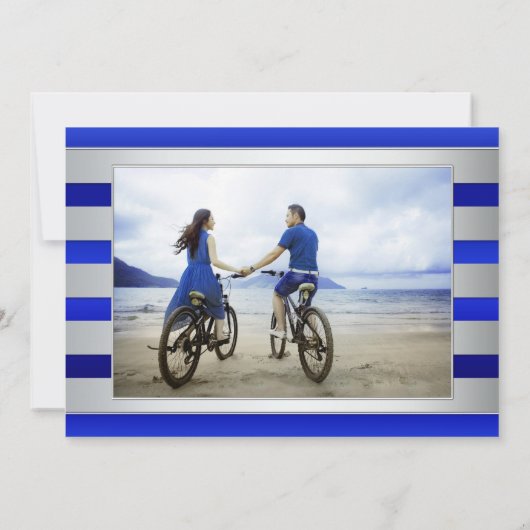 Blue Silver Striped Photo Save the Date Kaart (Achterkant)