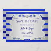 Blue Silver Striped Photo Save the Date Kaart (Voorkant / Achterkant)