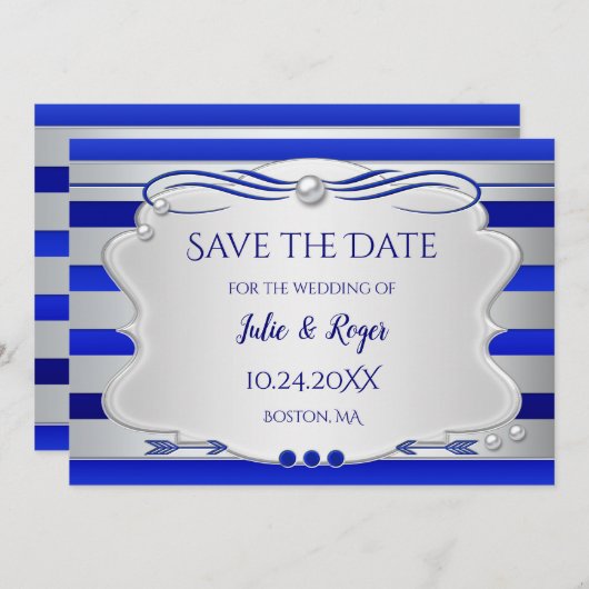 Blue Silver Striped Photo Save the Date Kaart (Voorkant / Achterkant)