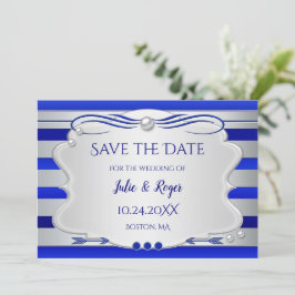 Blue Silver Striped Photo Save the Date Kaart